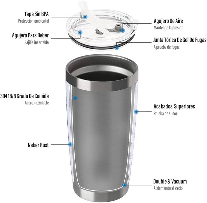 20pz Vaso térmico de acero inoxidable con tapa y popote.
