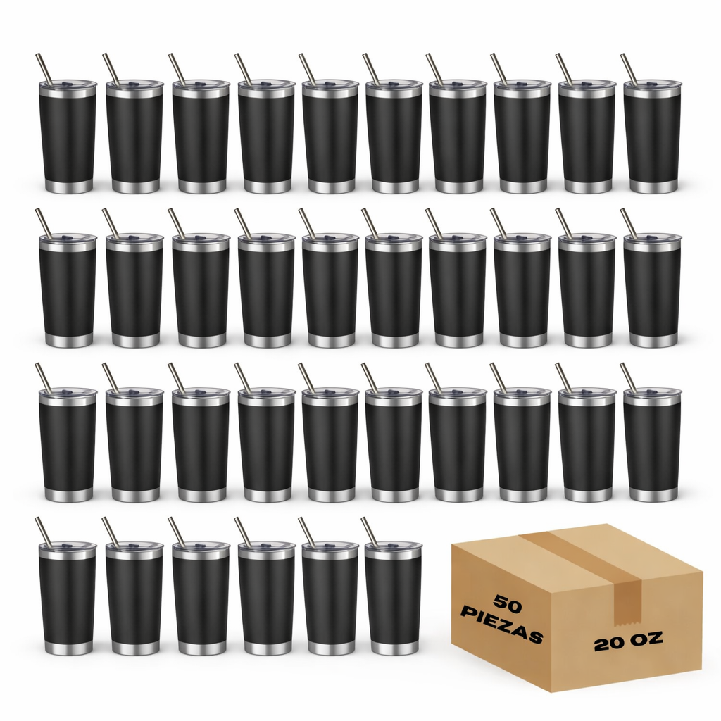 50pz Vaso térmico de acero inoxidable con tapa y popote.