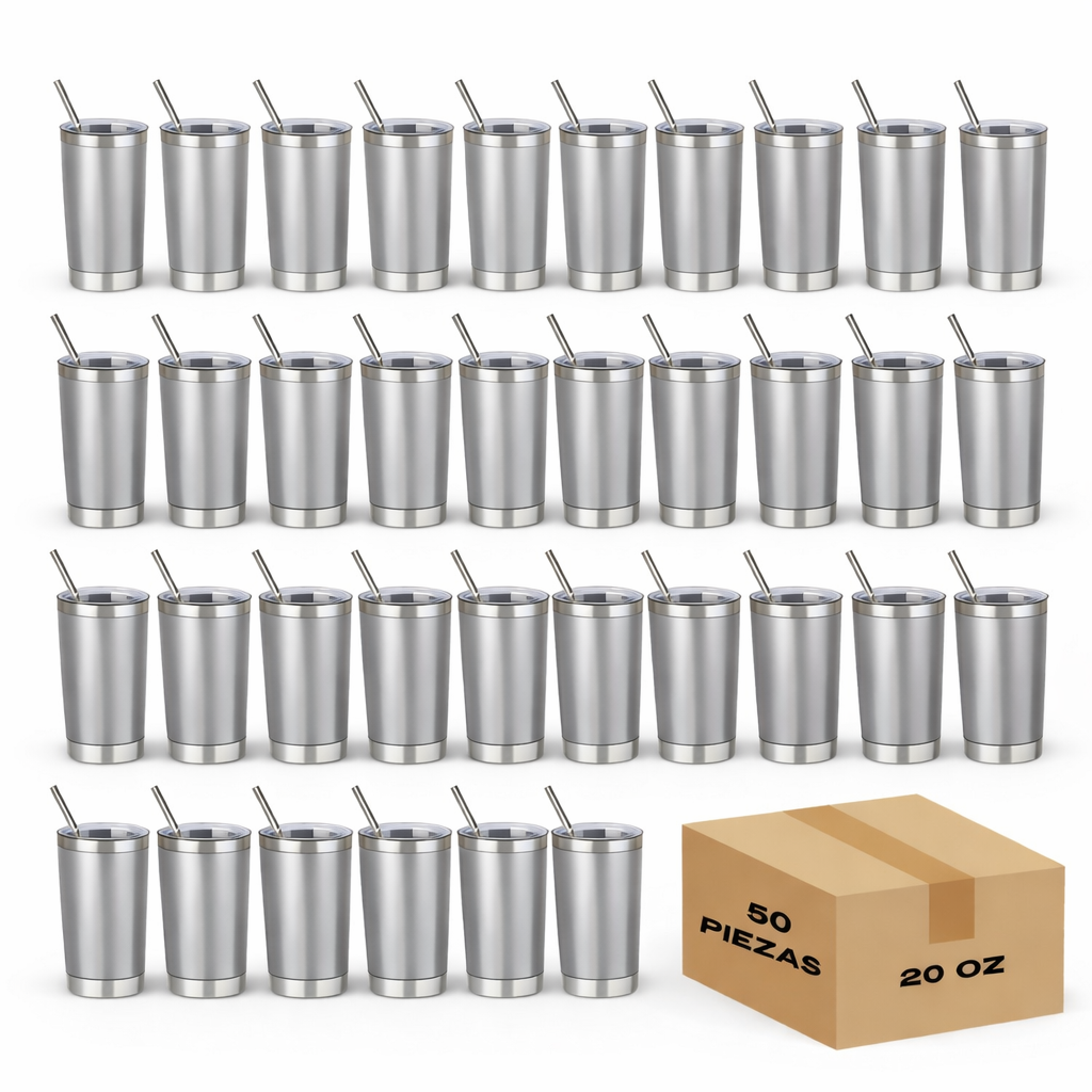 50pz Vaso térmico de acero inoxidable con tapa y popote.