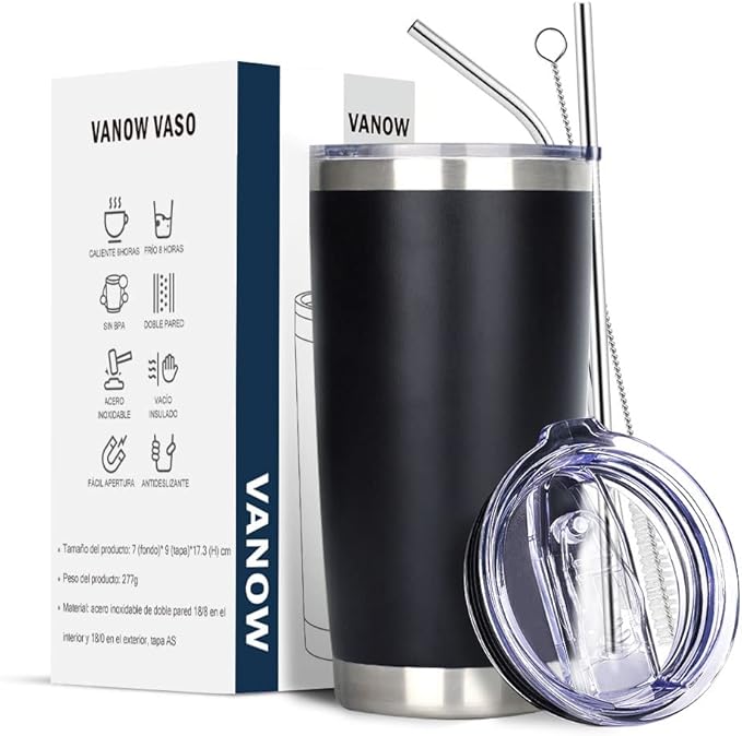 10pz Vaso térmico de acero inoxidable con tapa y popote.